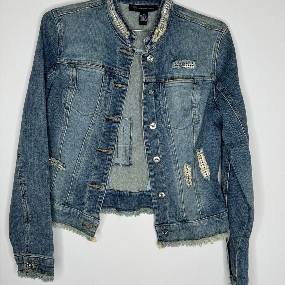 INC International Concepts Size M Y2K Blue Denim Jacket Rhinestone Vintage 2000s - Picture 3 of 8